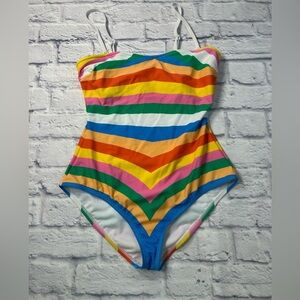 Unique Vintage Colorful Striped One Piece Swimsuit. Size L.